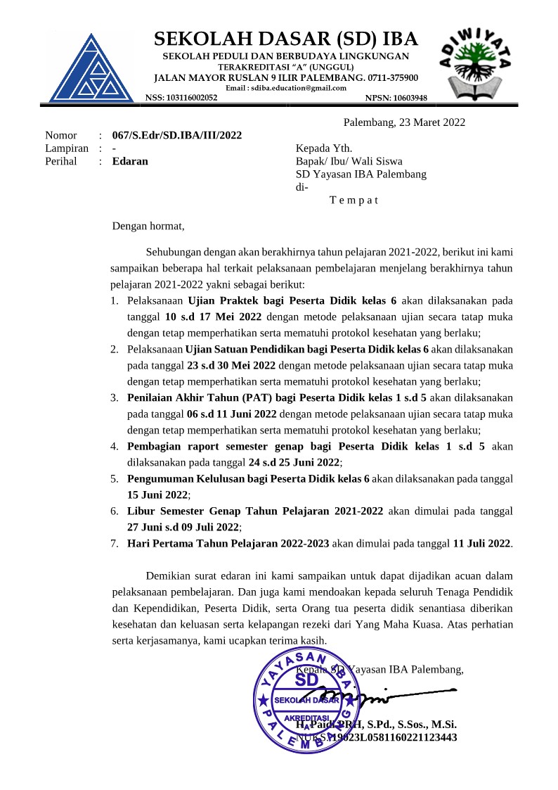 PENGUMUMAN KLEGIATAN AKHIR TAHUN AJARAN 2021-2022