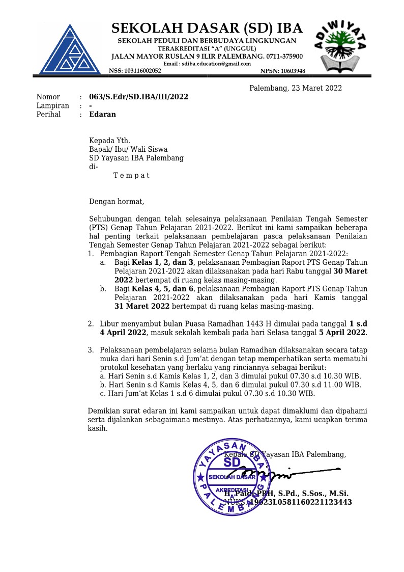 PENGUMUMAN PEMBAGIAN RAPORT DAN KEGIATAN RAMADHAN